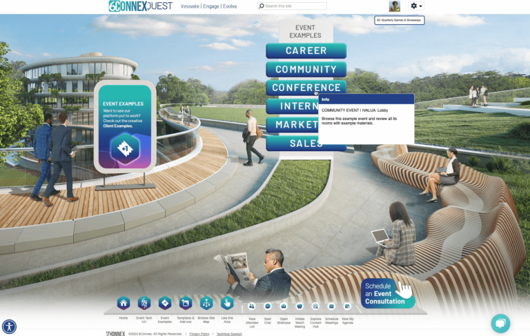 6Connex Quest's Event Examples Room with a selection of event types to look at.