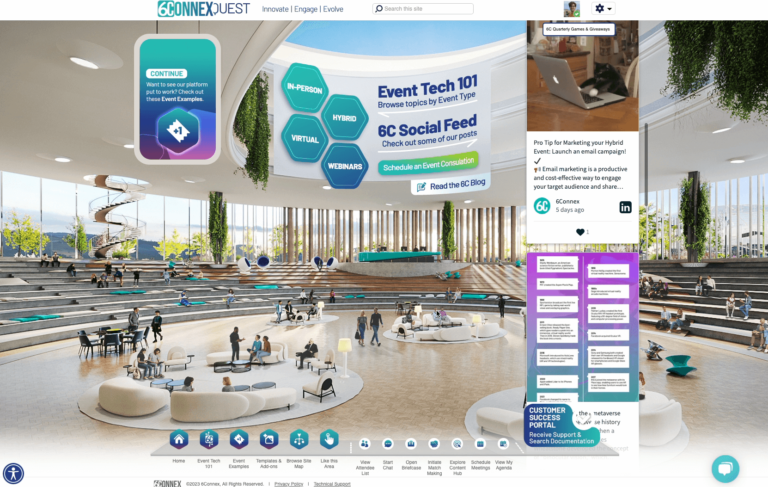 6Connex Quest's Event Tech 101 Room with a social wall, and articles about event tech.