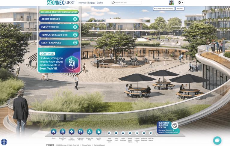 6Connex Quest's Home Plaza with a demo area, and pathways to explore more.